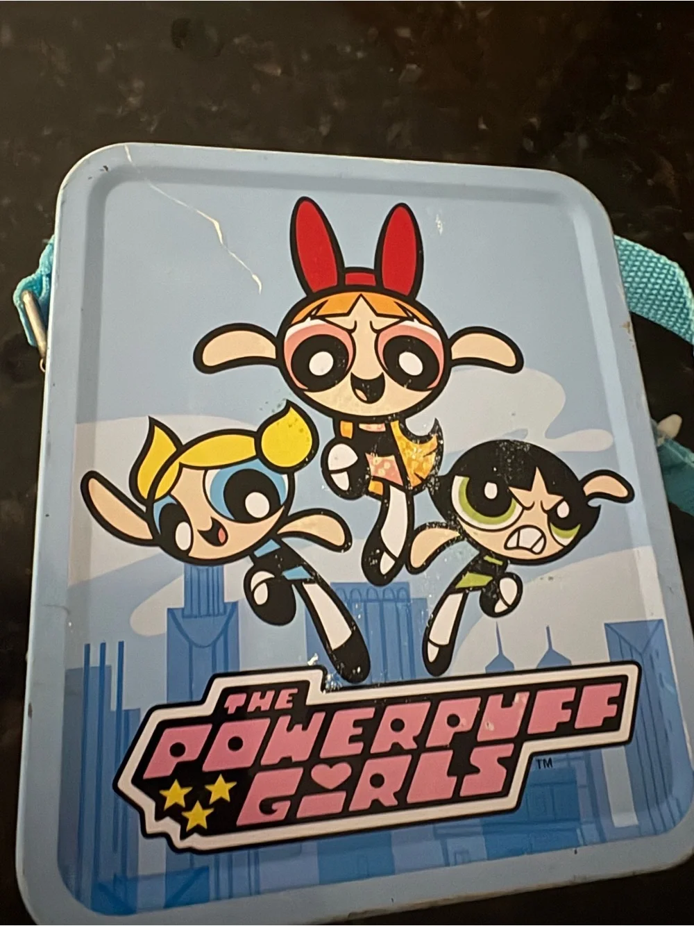 Powerpuff Girls Tin box with strap in Light Blue